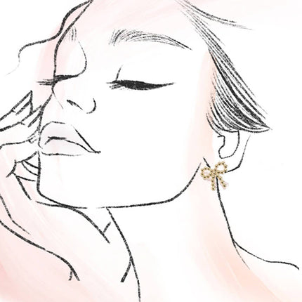 Outline drawing of a woman wearing earrings on a light pink background