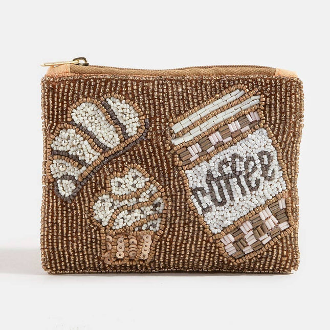Beaded pouch with coffee-themed design on a white background