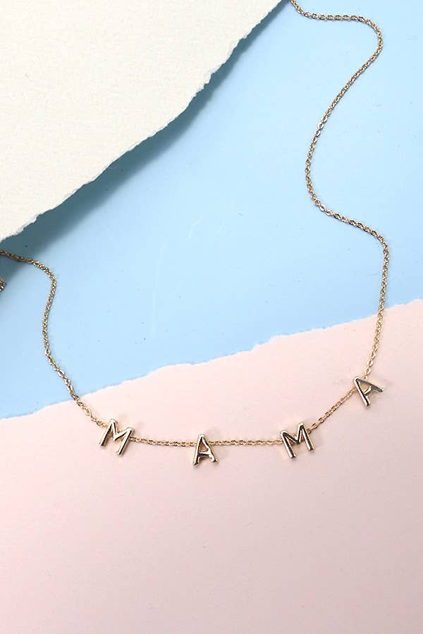 Highly polished gold MAMA word necklace on a delicate adjustable chain styled as minimal everyday jewelry. Found at That Girl Shoppe
