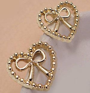 Gold-plated heart-shaped bow stud earrings with post back and anti-tarnish finish, 0.7 inches wide.