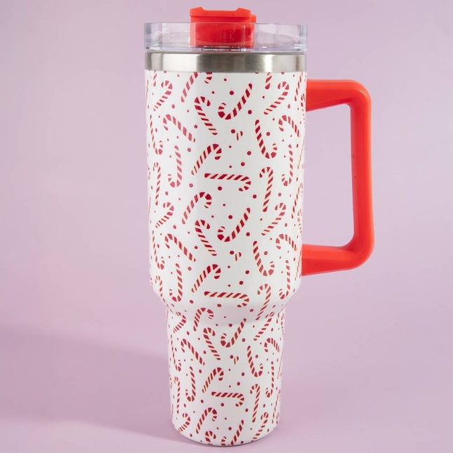 White 40oz tumbler with red candy cane print, red handle, and clear lid with red flip spout – Christmas-themed insulated stainless steel mug