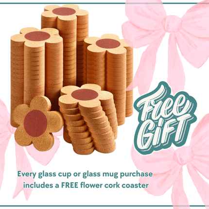 Flower-shaped cork coaster included free with glass cup purchase