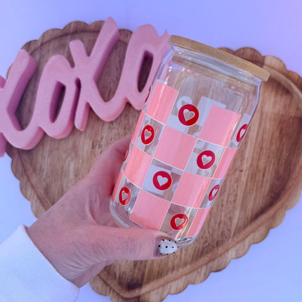 Clear 16oz Libbey glass cup with Valentine-themed UV DTF designs, bamboo lid, and glass straw