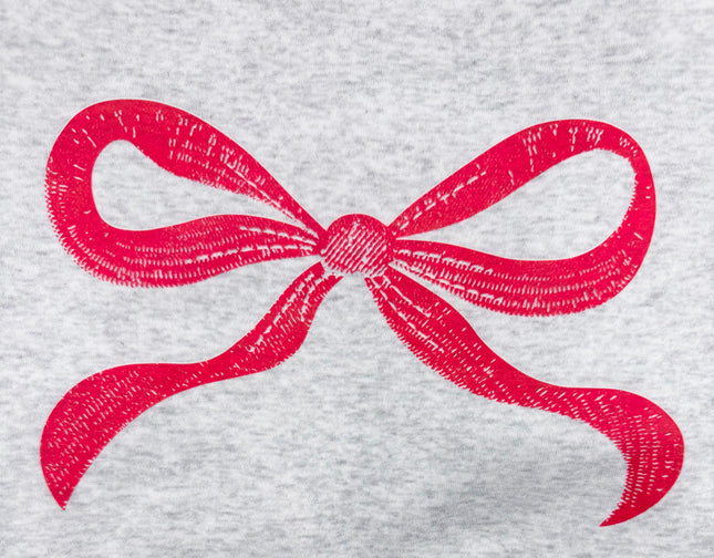 Light grey sweatshirt with pink bow graphic on chest, relaxed fit, drop shoulders, and ribbed hem and cuffs.