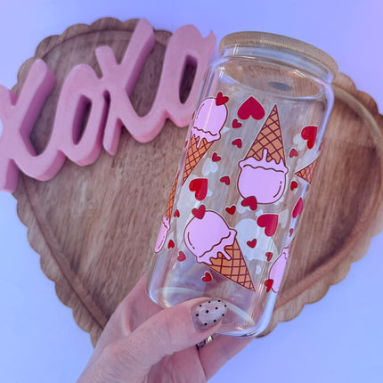 Clear 16oz Libbey glass cup with Valentine-themed UV DTF designs, bamboo lid, and glass straw