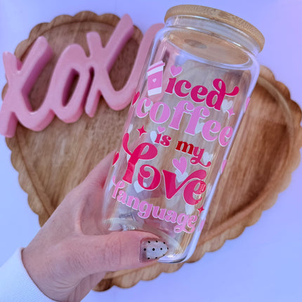 Clear 16oz Libbey glass cup with Valentine-themed UV DTF designs, bamboo lid, and glass straw
