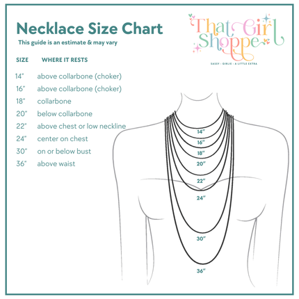 Necklace size chart showing different length options on a mannequin with 'That Girl Shoppe' branding.