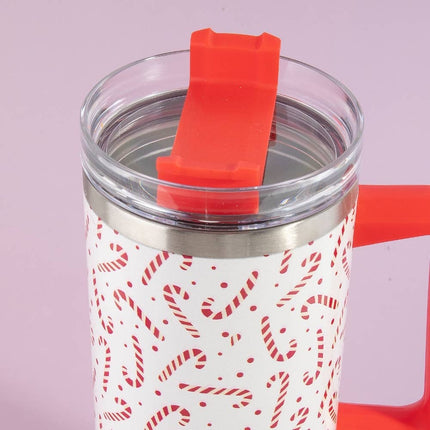 White 40oz tumbler with red candy cane print, red handle, and clear lid with red flip spout – Christmas-themed insulated stainless steel mug