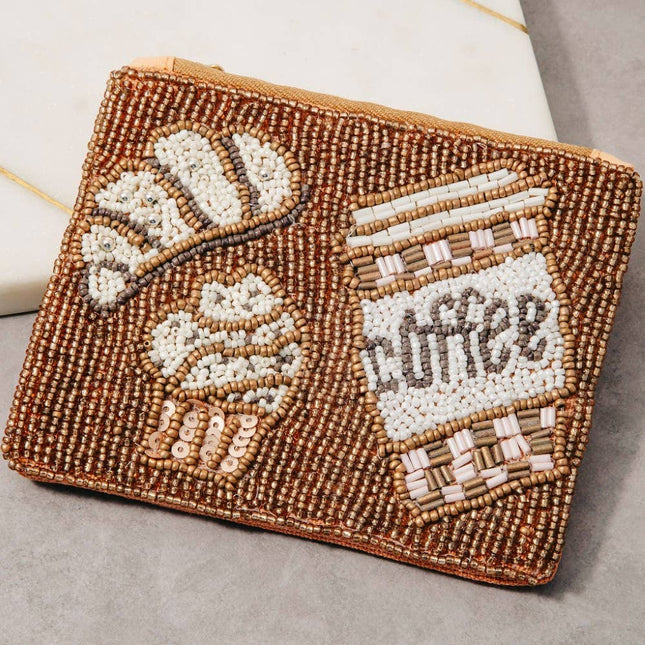Beaded pouch with coffee-themed design on a white background