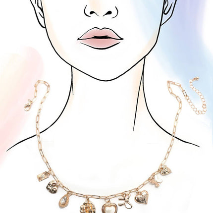 Gold necklace with charms on a stylized face with a light blue and pink gradient background