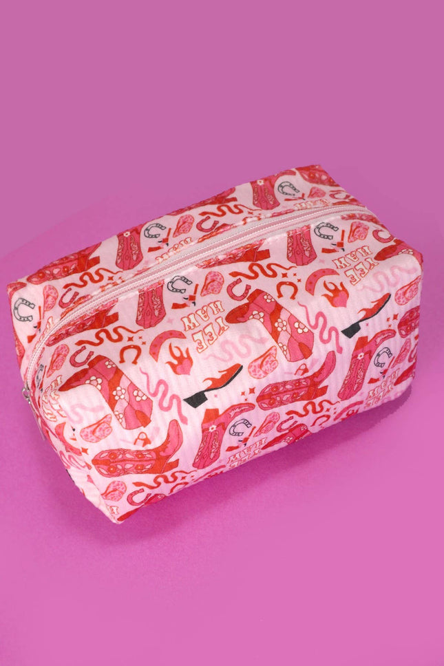 Rectangular pouch with a red and white pattern on a pink background