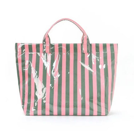 Glossy waterproof blue and white vertical striped large vinyl tote bag with sturdy dual handles and spacious open interior from That Girl Shoppe Co.