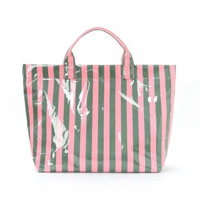 Glossy waterproof blue and white vertical striped large vinyl tote bag with sturdy dual handles and spacious open interior from That Girl Shoppe Co.