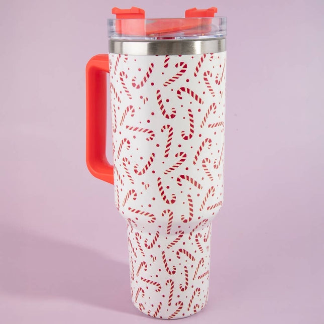White 40oz tumbler with red candy cane print, red handle, and clear lid with red flip spout – Christmas-themed insulated stainless steel mug