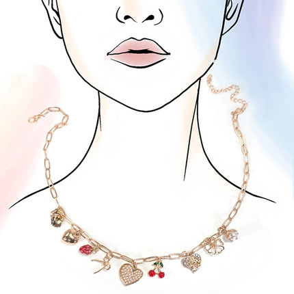 Necklace with heart and cherry charms on a stylized face background